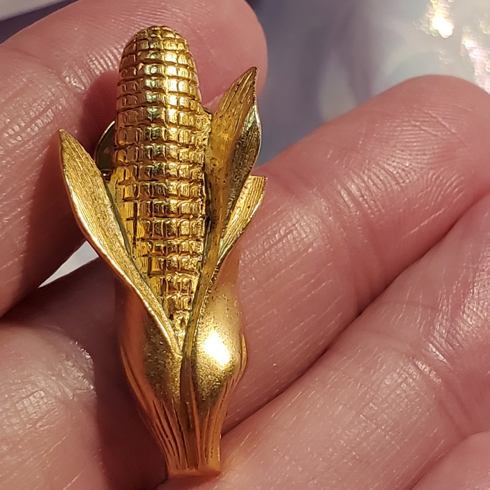 Vintage JJ Jonette Costume Goldtone Corn Tie Tack Pin Summer Harvest